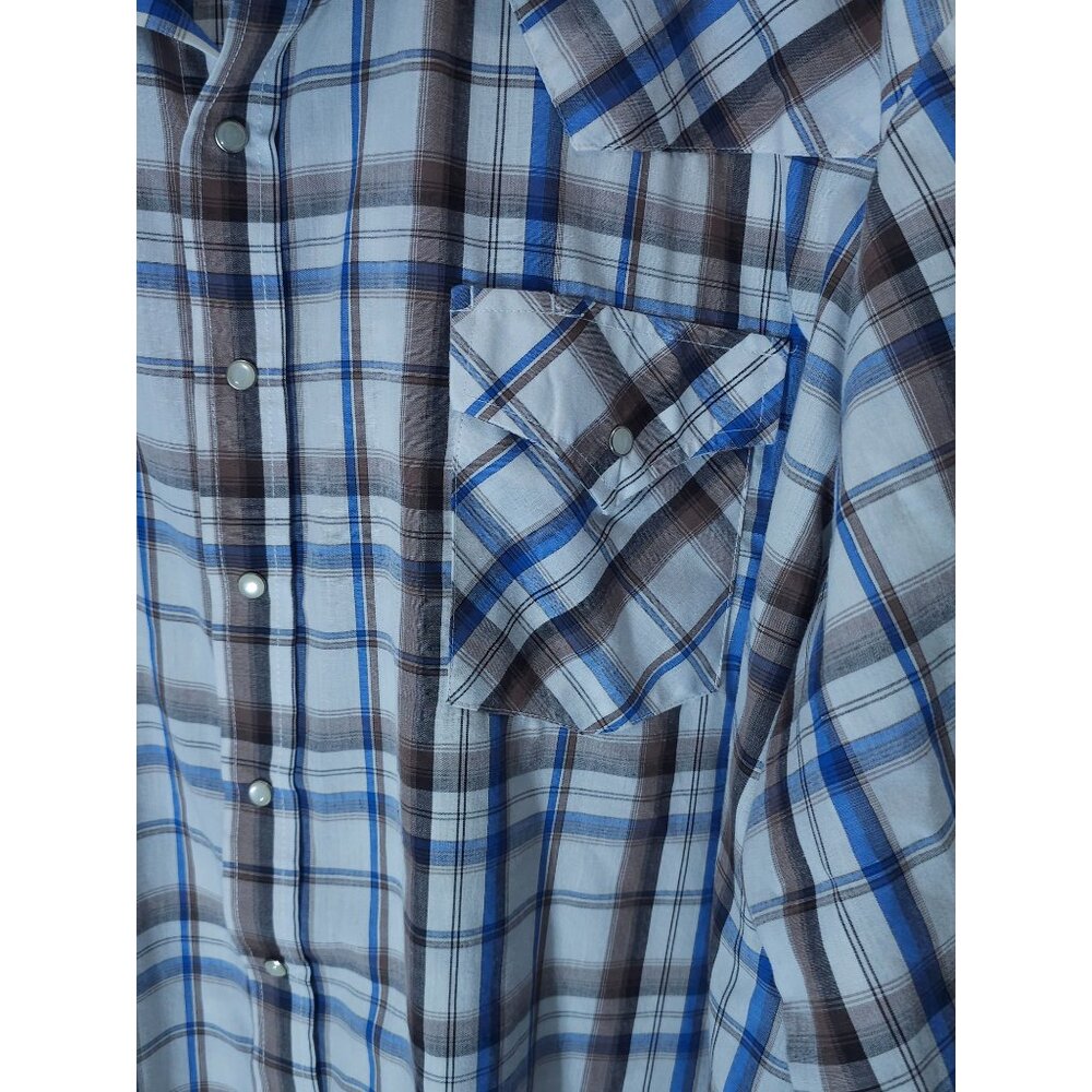 Men's 3X Plaid Western Snap Shirt Plains Big Man Cotton Blue/Brown - Picture 3 of 12